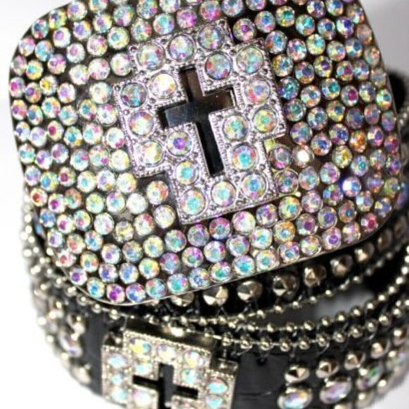 Western Black Bling Cross Belt & Buckle Aurora Borealis AB Crystal Accent ML - Picture 7 of 11